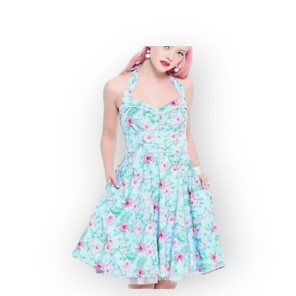 Hot Topic Fit and Flare Hawaiian Tiki Dress XS Blue Floral Halter Swing Retro - Picture 2 of 13